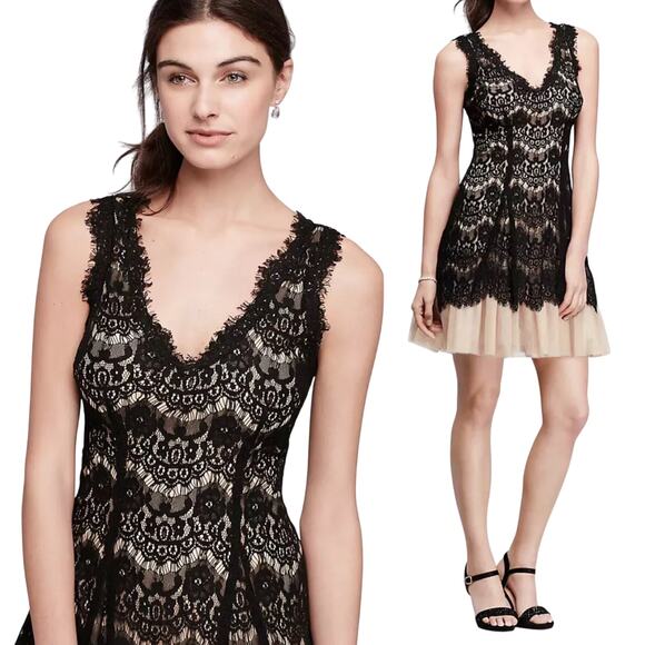 Betsy & Adam Lace Overlay Cocktail Mini Dress Tulle Skirt V Neck Black Cream 16 - Picture 1 of 9